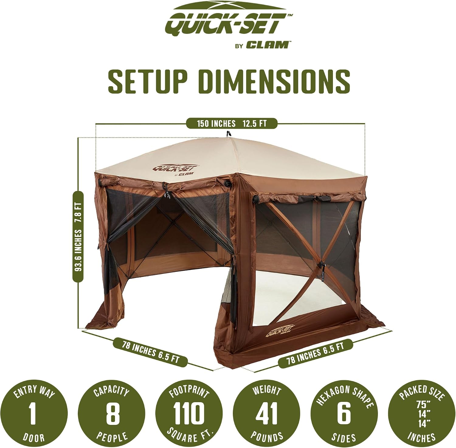 CLAM Quick Set Pavilion 12.5 x 12.5 Foot Portable Pop Up Outdoor Camping Gazebo Screen Tent Canopy Shelter and Carry Bag with Tarp Cover, Brown