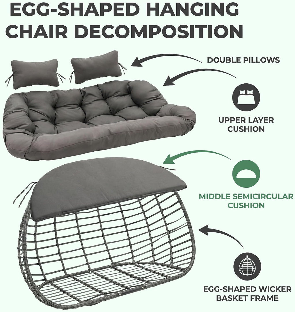 Double Egg Swing Chair with Stand for Outdoor, Patio Hand Made Rattan Wicker 2 Double Hanging Egg Chairs Hammock Chair with UV Resistant Cushion and Metal Frame, Porch Swing Loveseat for Backyard