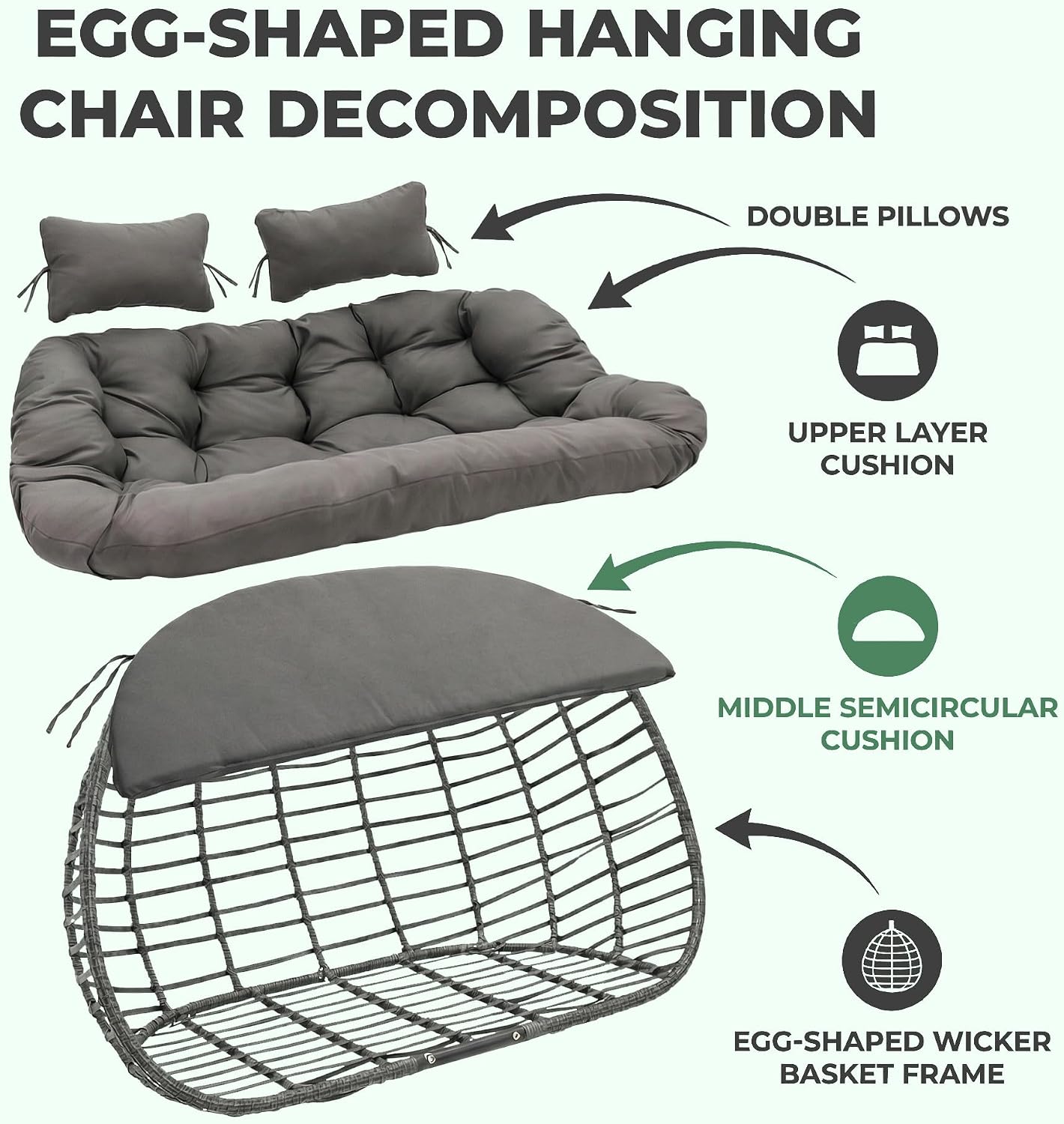 Double Egg Swing Chair with Stand for Outdoor, Patio Hand Made Rattan Wicker 2 Double Hanging Egg Chairs Hammock Chair with UV Resistant Cushion and Metal Frame, Porch Swing Loveseat for Backyard
