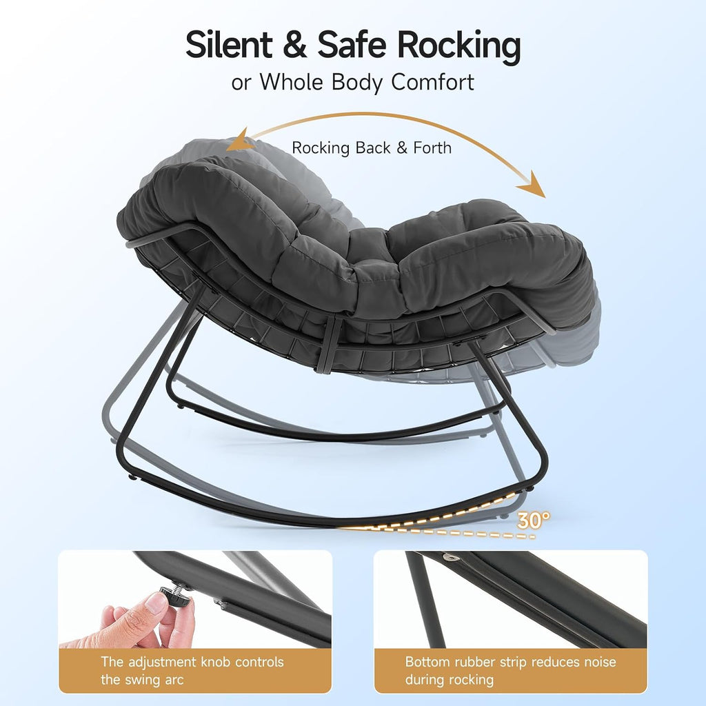 Papasan Rocking Chair Indoor, Oversized Rocking Chair with Thickened Cushion, 450 lbs Comfy Egg Chair Indoor, Lounge Reading Glider Chair for Bedroom, Dark Gray