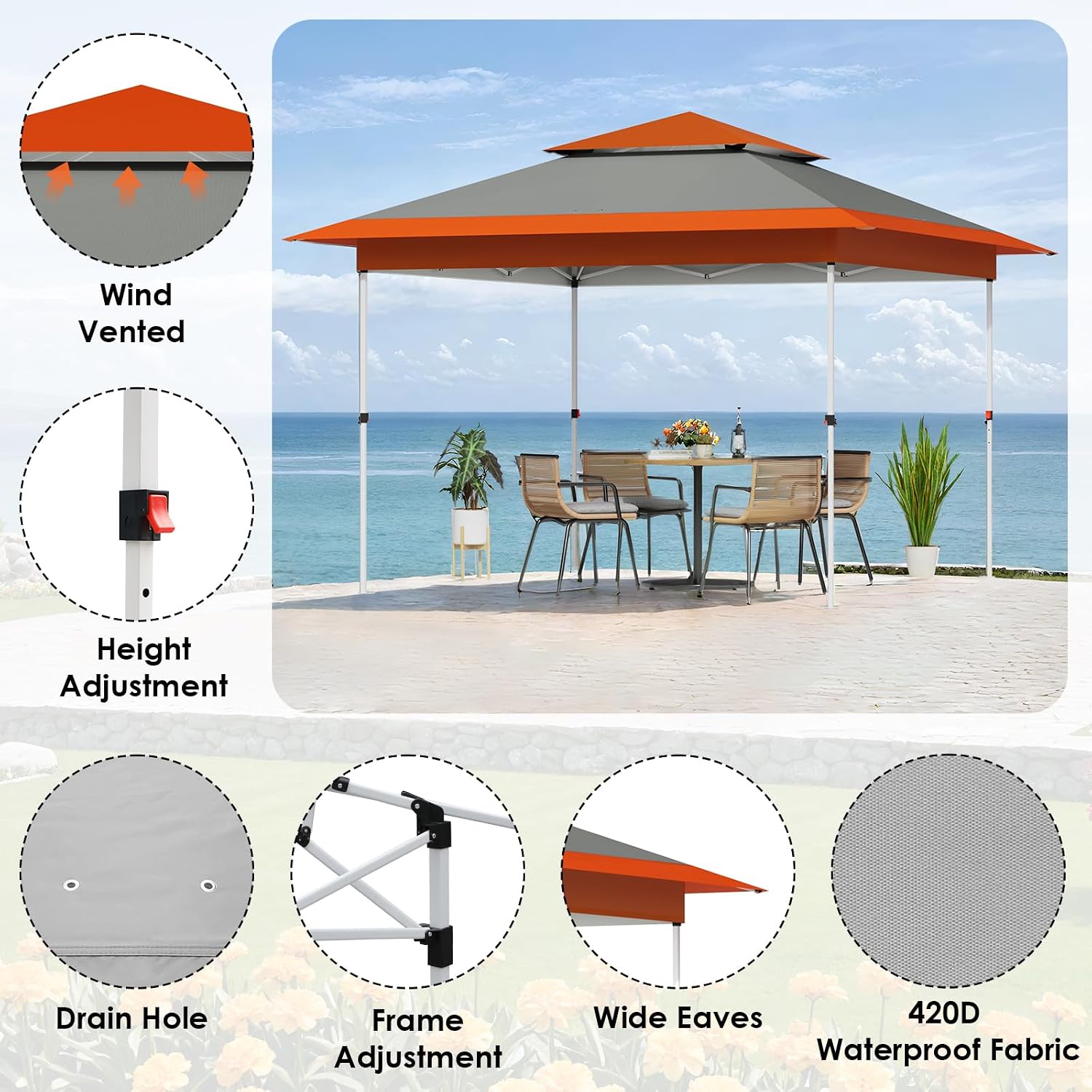 TLSUNNY 12X12 Pop Up Canopy Tent, Camping Shader W/Overhanging Eaves & Sand Bag, Outdoor Gazebo Shelter W/One Push Setup & Wheeled Bag, Height Adjustable, for Patio, Market, Party (Orange, 12FTX12FT)