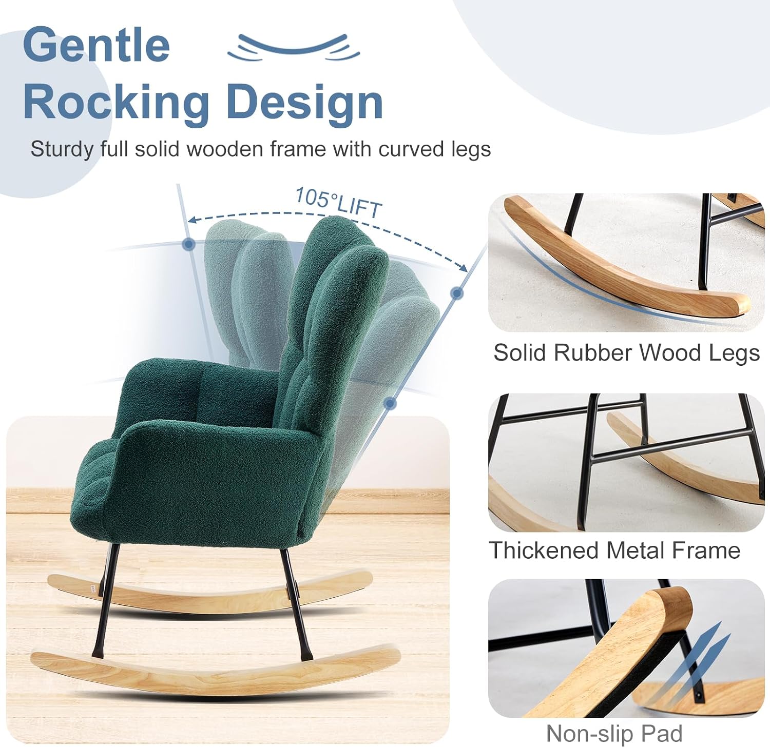 DUMOS Rocking Chair with Wing Backrest, Teddy Upholstered Indoor Reading Glider Chair with Comfy Seat for Bedroom, Living Room, Office, Forest Green