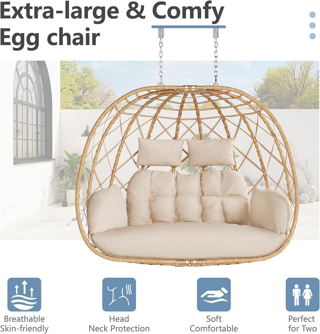 SWITTE Double Egg Swing Chair with Stand, 2 Person Outdoor Indoor Hammock Hanging Chair with Cushion for Patio Living Room 650 LBS Capacity-Beige
