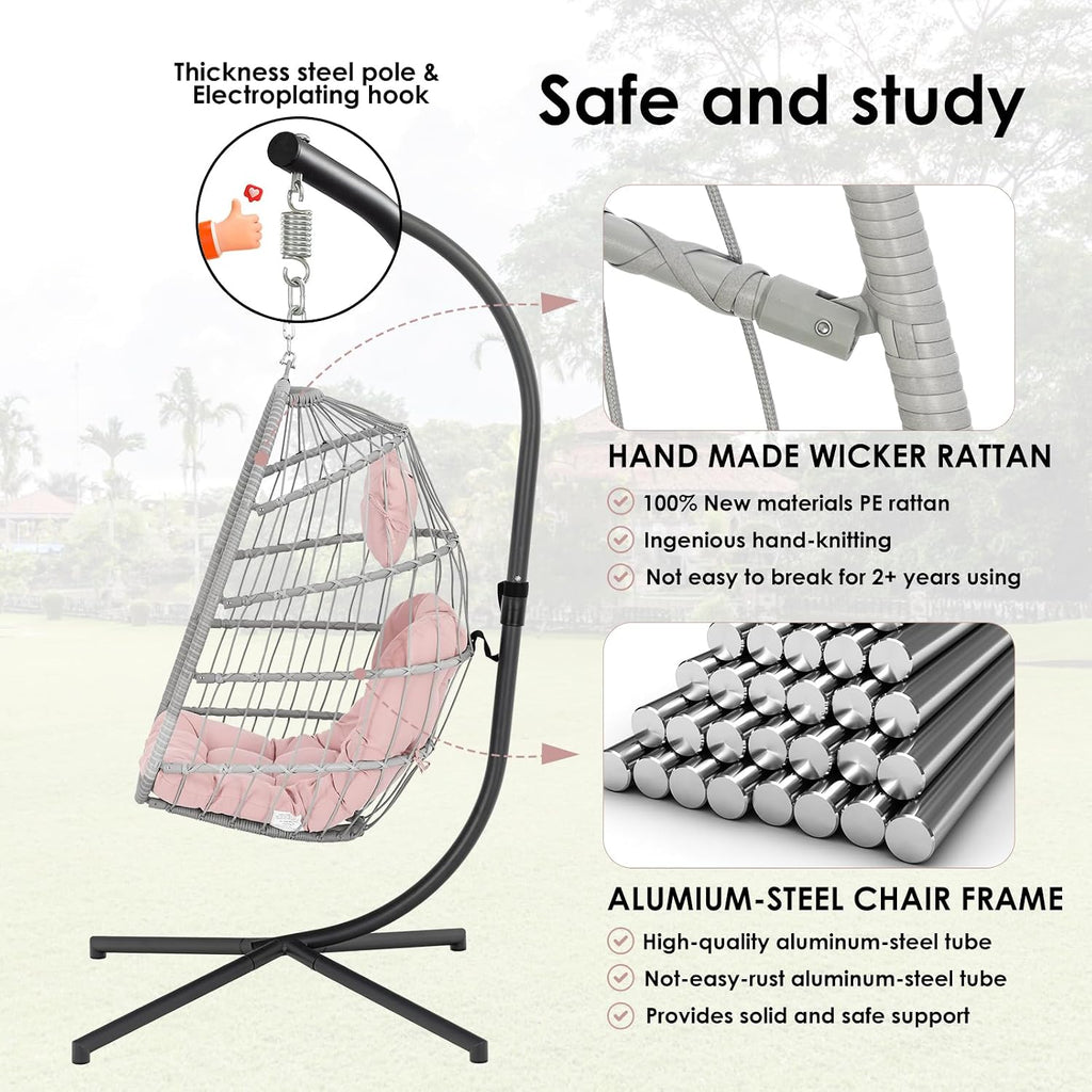 Hanging Egg Chair with Stand - Pink Swing Egg Chairs Wicker Rattan Hammock Chairs for Indoor Outdoor Bedroom Garden - Aluminum Steel Frame and UV Resistant Cushion 350LBS Capacity for Kids Adults
