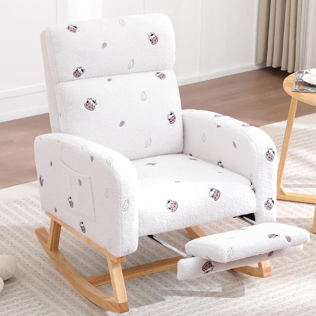 HCHAIRH Rocking Chair Nursery with Foot Rest, Nursing Rocking Chairs for Mom Breastfeeding, Teddy Rocker Glider Chair with High Backrest for Living Room, Bedroom, Cow Printed White