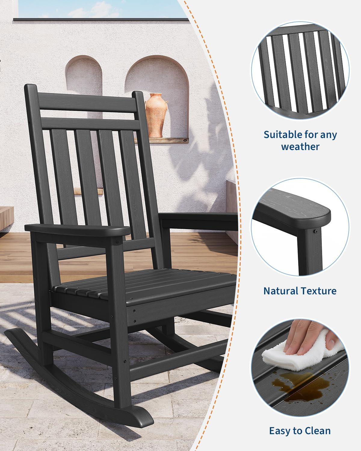 GarveeLife Poly Lumber Rocking Chair Outdoor Set of 4 - HDPE High Back Porch Rocker Chairs for Adults - All Weather Resistant Furniture for Patio - Black