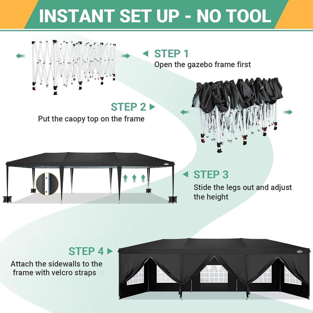 COBIZI 10x30 Pop Up Canopy Tent for Parties with 8 Sidewalls Waterproof Commercial Instant Canopy 10x30 Party Tent for Backyard, Wedding Portable Outdoor Gazebo with Carrybag&4 Sandbags(Black