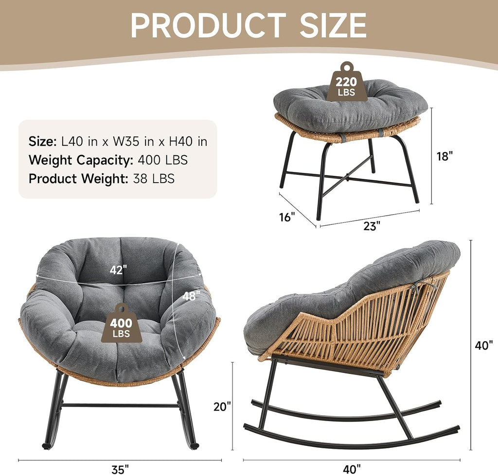 ONBRILL Papasan Rocking Chair with Ottoman,Oversized Papasan Chair with Padded Cushion, Indoor & Outdoor Rocker Chair for Living Room, Patio, Garden, Gray