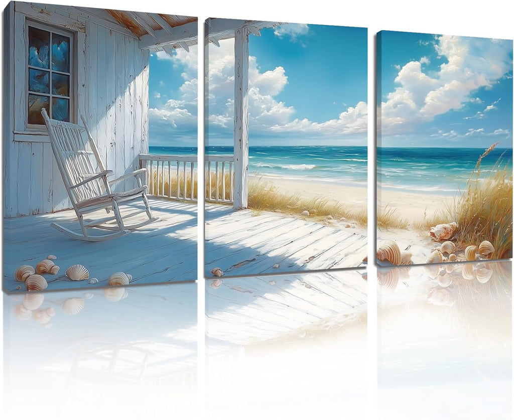 Sutanun 3-Piece Beach Canvas Wall Art – Rocking Chair Porch with Ocean View – Coastal Nautical Wall Décor for Living Room, Bedroom, Office (24' x 36' x 3 pcs)