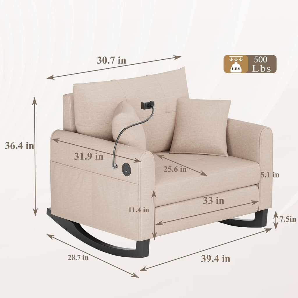 HOMREST Modern Accent Rocking Chair with Phone Holder, Oversized Lounge Chair with High Back, Side Pockets & USB Port, Plush Wide Recliner for Living Room, Bedroom, Home Office, Beige