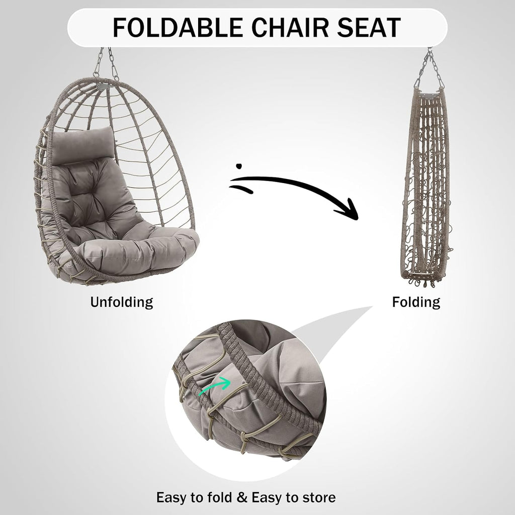 Foldable Egg Chair Outdoor with Stand, Indoor Wicker Hanging Egg Swing Chair with Cushion, 350lbs Capacity for Patio, Bedroom, Garden - Light Gray