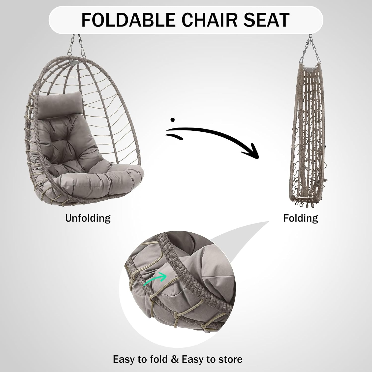 Foldable Egg Chair Outdoor with Stand, Indoor Wicker Hanging Egg Swing Chair with Cushion, 350lbs Capacity for Patio, Bedroom, Garden - Light Gray