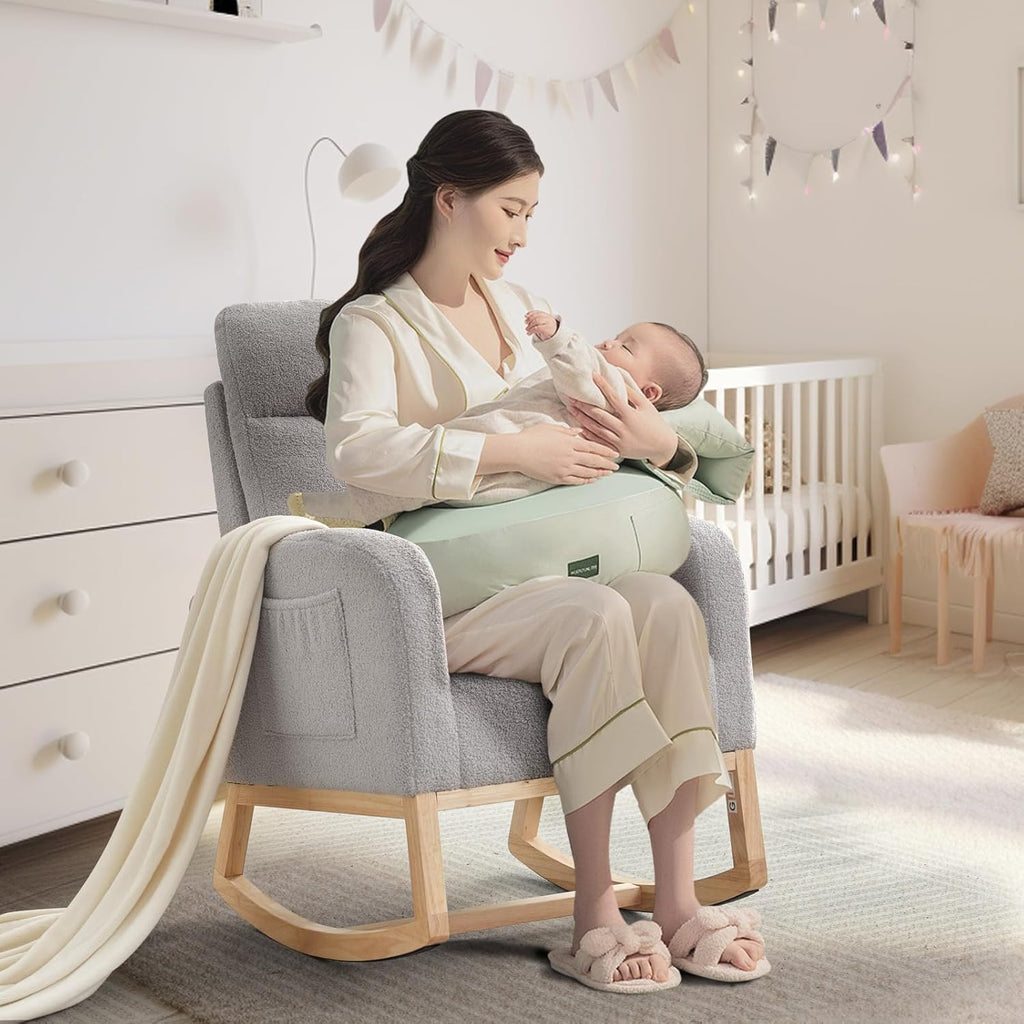 Rocking Chair Nursery,Glider Chair Nursery Chair with High Back and Side Pocket, Rocking Accent Armchair with Rubber Wood Legs for Living Room/Bedroom/Nursery