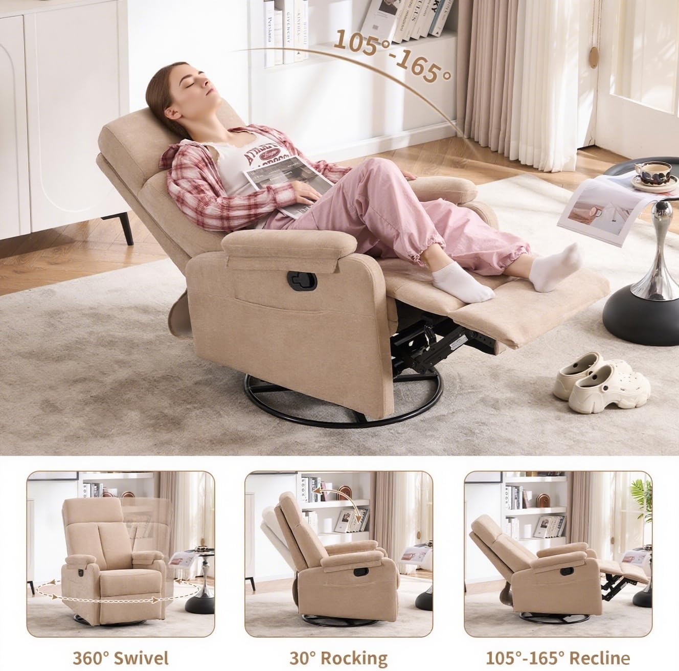 Recliner Chairs, 360° Swivel Rocker Recliner Chair for Adults, Glider Rocking Chair, Small Nursery Recliner for Living Room,RV, Reclining with Modern-Designed Armrests, Fabric Beige
