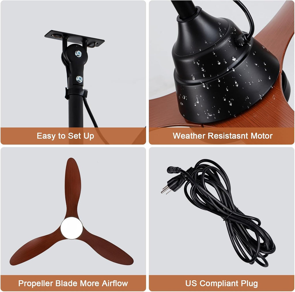 42'' Waterproof Outdoor Ceiling Fan with Lights IP65 Gazebo Fan Outdoor Hanging Wet Rated Plug in Ceiling Fan for Patio Pergola Porch Outside, APP Remote Control, Dimmable LED, 6 Speeds