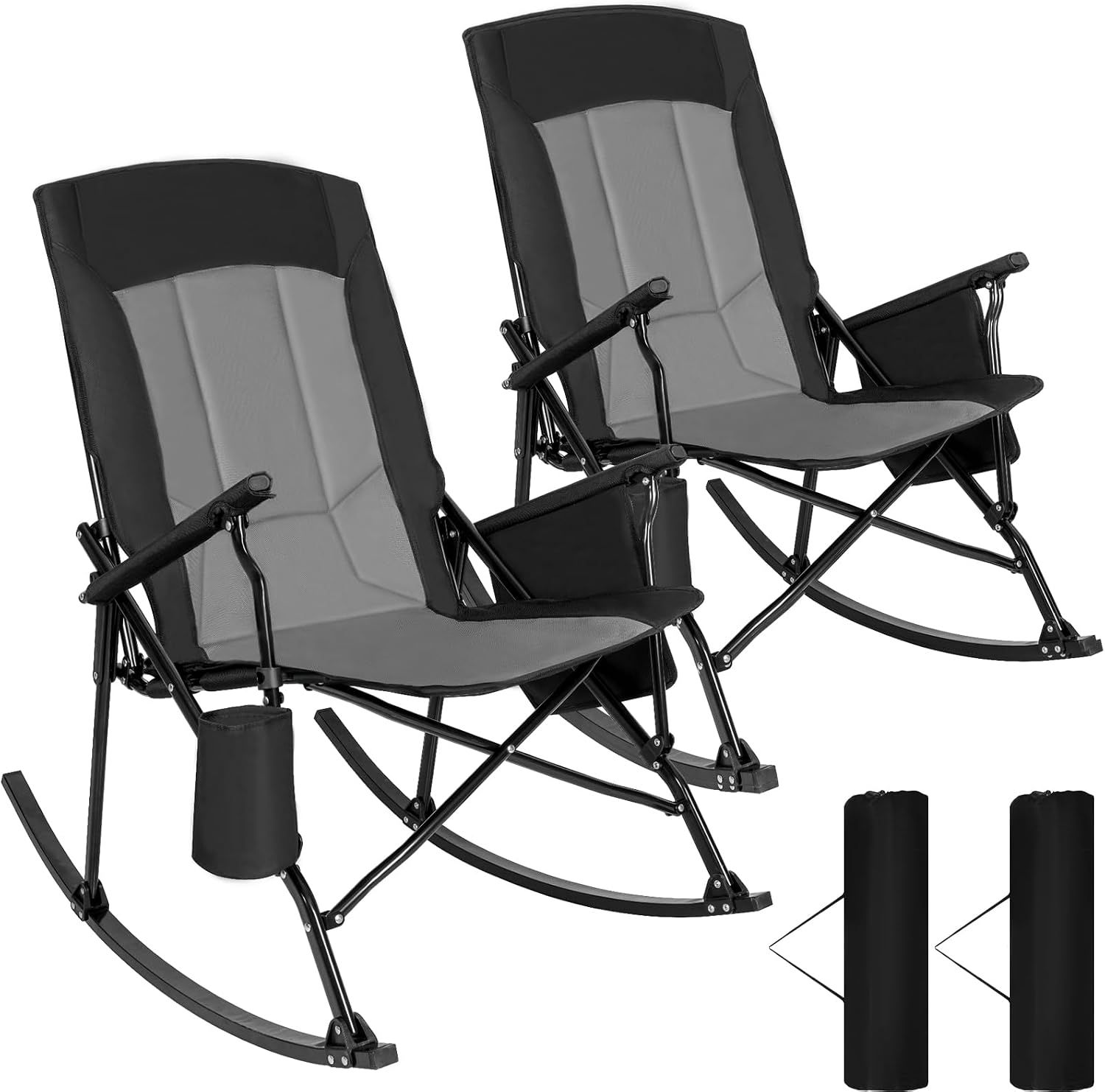 Romswi 2 Pack High Back Portable Rocking Chair with Hard Armrests, Oversized Folding Rocker Camping Chairs for Outdoor, Heavy Duty 400 lbs Patio Lawn Chairs