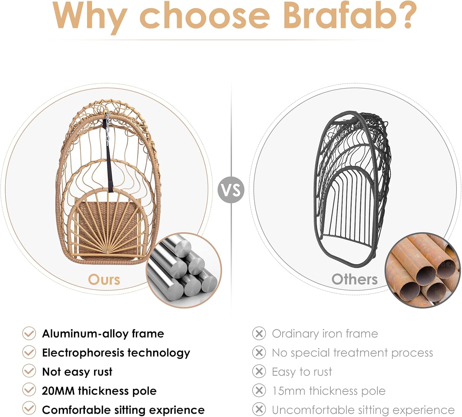 Brafab Hanging Egg Chair with Stand and Footrest, Wicker Egg Swing Chair Indoor Outdoor Aluminum-Steel Frame and UV Resistant Cushion, Patio Lounge Hammock Chairs for Bedroom 370LBS Capacity, Begie