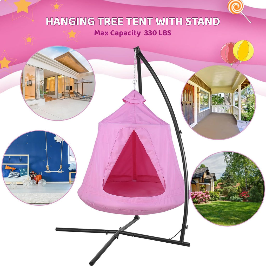 Arlopu Hanging Hammock w(Tree Tent & Metal Swing Chair) for Indoor/Outdoor, Egg Basket Patio Seat w/Adjustable Solid Stand, Porch Bedroom Balcony Chair (Pink)