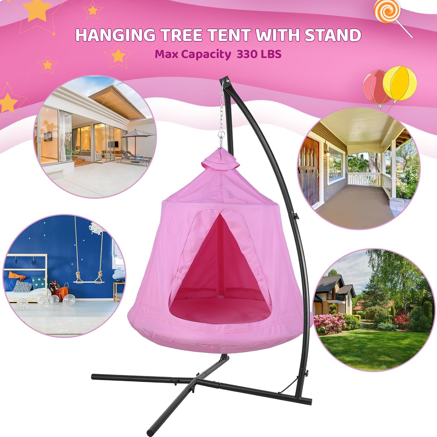 Arlopu Hanging Hammock w(Tree Tent & Metal Swing Chair) for Indoor/Outdoor, Egg Basket Patio Seat w/Adjustable Solid Stand, Porch Bedroom Balcony Chair (Pink)