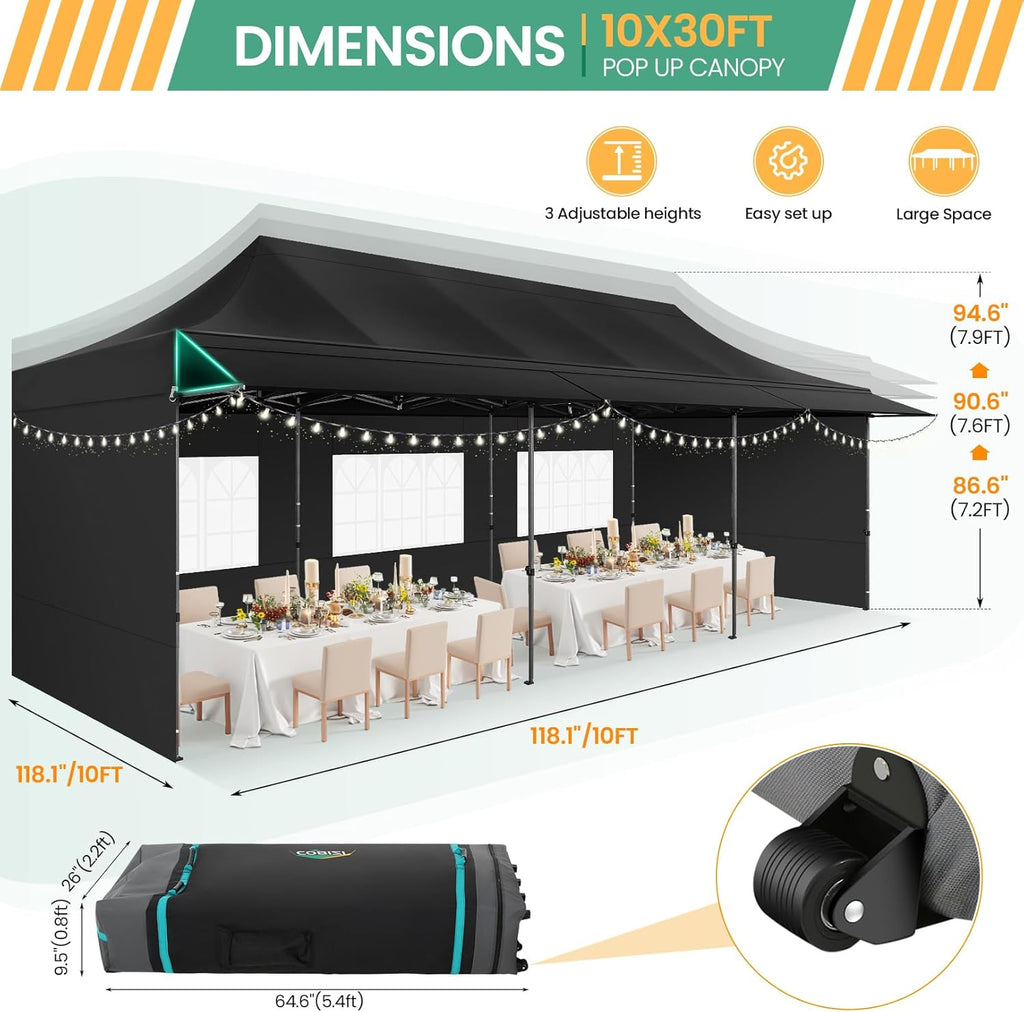 COBIZI 10x30 Pop Up Canopy Tent with Awning & Sidewalls, Heavy Duty Commercial 10X30 Canopy Tents Instant Waterproof, UPF 50+ Sun Shade for Outdoor, Parties, Markets (Black)