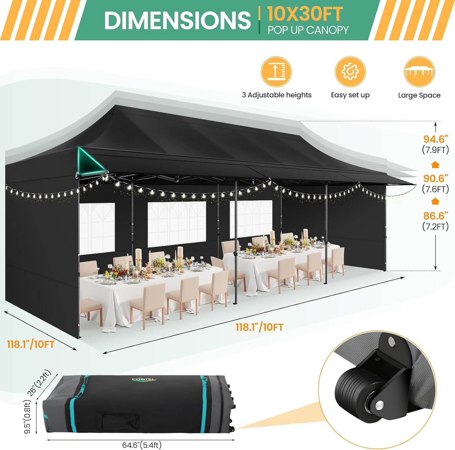 COBIZI 10x30 Pop Up Canopy Tent with Awning & Sidewalls, Heavy Duty Commercial 10X30 Canopy Tents Instant Waterproof, UPF 50+ Sun Shade for Outdoor, Parties, Markets (Black)