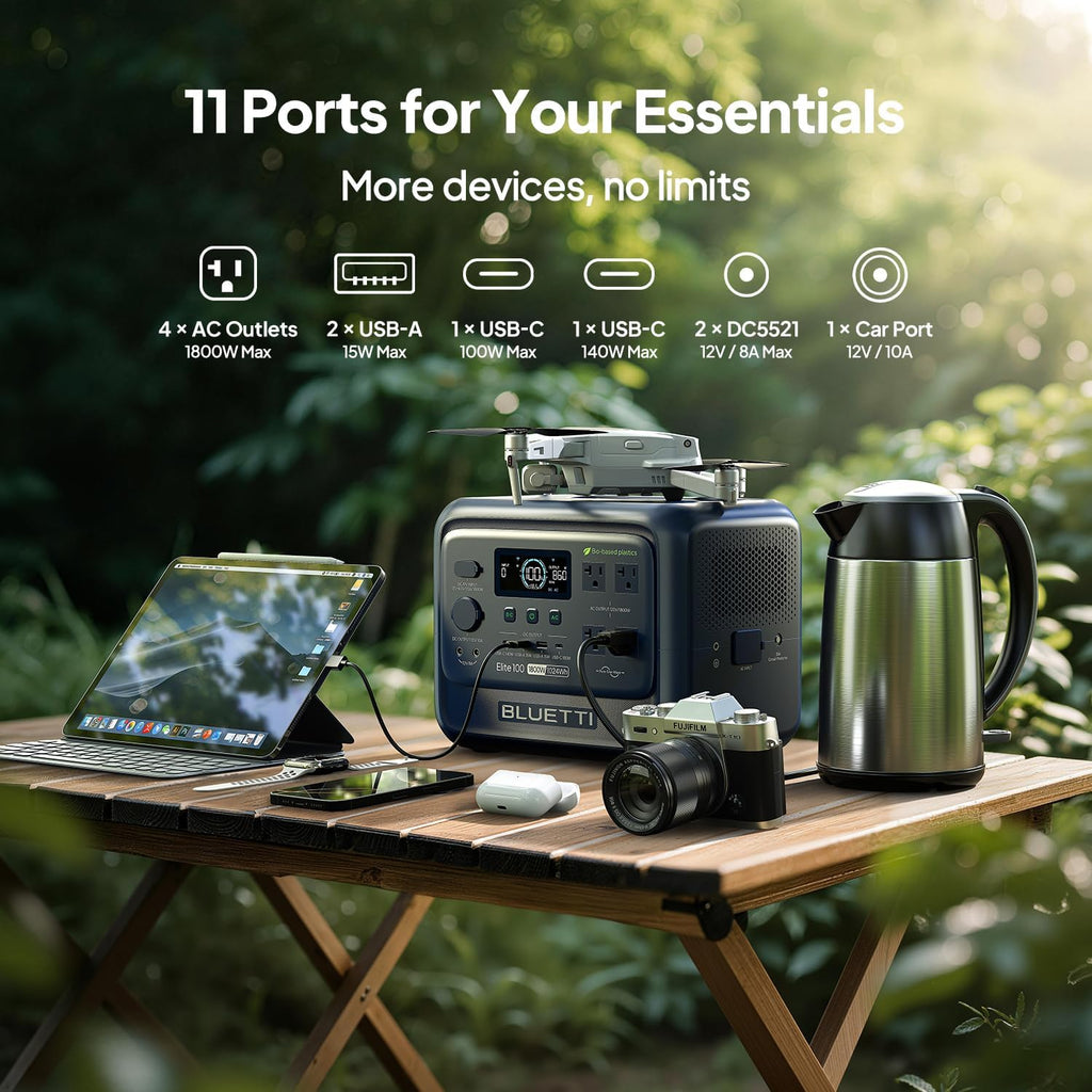 BLUETTI Elite 100 V2 (Bio-based) Portable Power Station, 1024Wh LFP Battery Backup w/ 4 1800W AC Outlets (3600W Surge), 35% Smaller, ISCC PLUS Certified Eco-Shell, Solar Generator for Camping, Outages