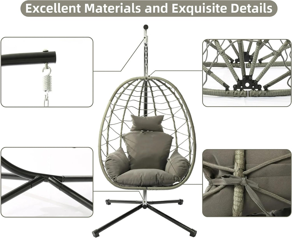LEX CRAFT Egg Chair with Stand, Swing Chair Hanging Chair Nest Basket, UV Resistant Removable & Washable Cushions,350LBS Capacity for Bedroom, Balcony, Garden(GR-GR)