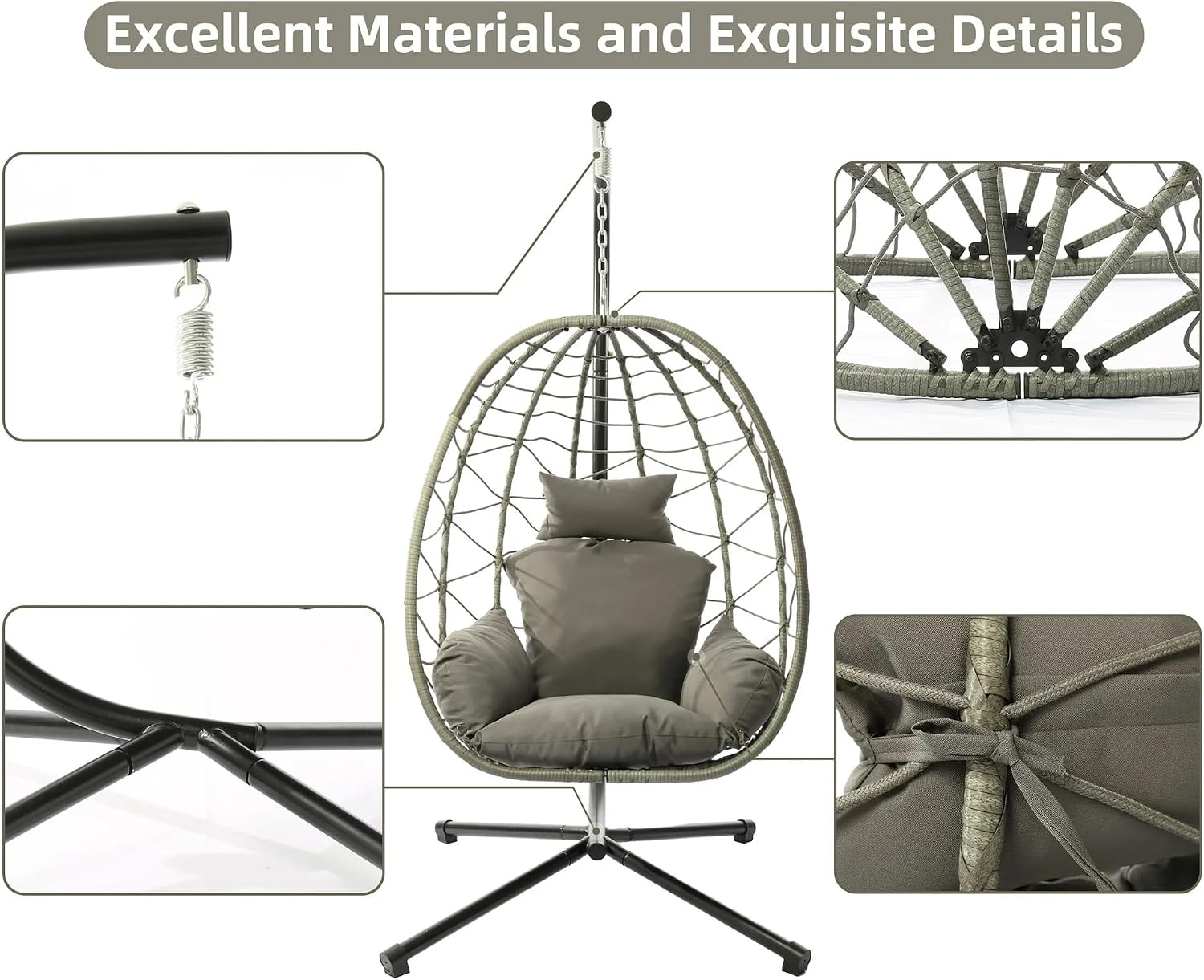 LEX CRAFT Egg Chair with Stand, Swing Chair Hanging Chair Nest Basket, UV Resistant Removable & Washable Cushions,350LBS Capacity for Bedroom, Balcony, Garden(GR-GR)