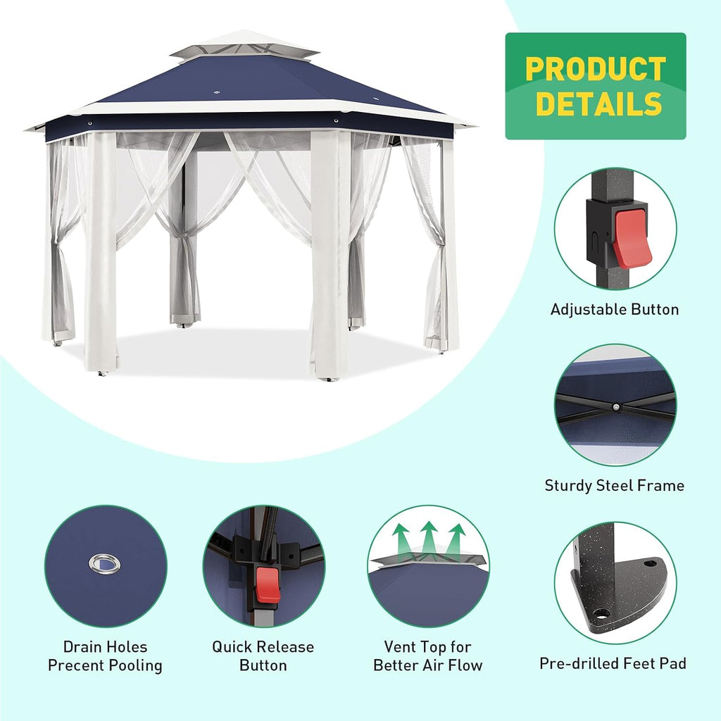13' x 13' Pop-Up Gazebo Canopy Tent with Zippered Mesh Sidewalls and Carrying Bag, Event Tent Shelter for Patio Garden Backyard, Blue and Beige
