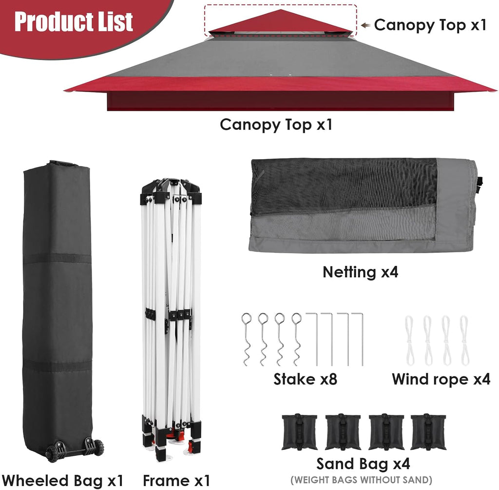 Arlopu Pop Up Gazebo Tent, Outdoor Instant Canopy, Easy Set-up Folding Shelter with Netting, Metal Frame, Screened House Shade Vented for Patio, Lawn, Party, Backyard, Garden (Burgundy, 13FT×13FT)