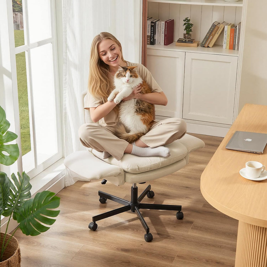 Bestier Criss Cross Chair with Flip-Up Armrests, Swivel Makeup Vanity Chair with Wheels & Side Pockets, Cross Legged Office Chair for Home Office, Bedroom, Beige Velvet