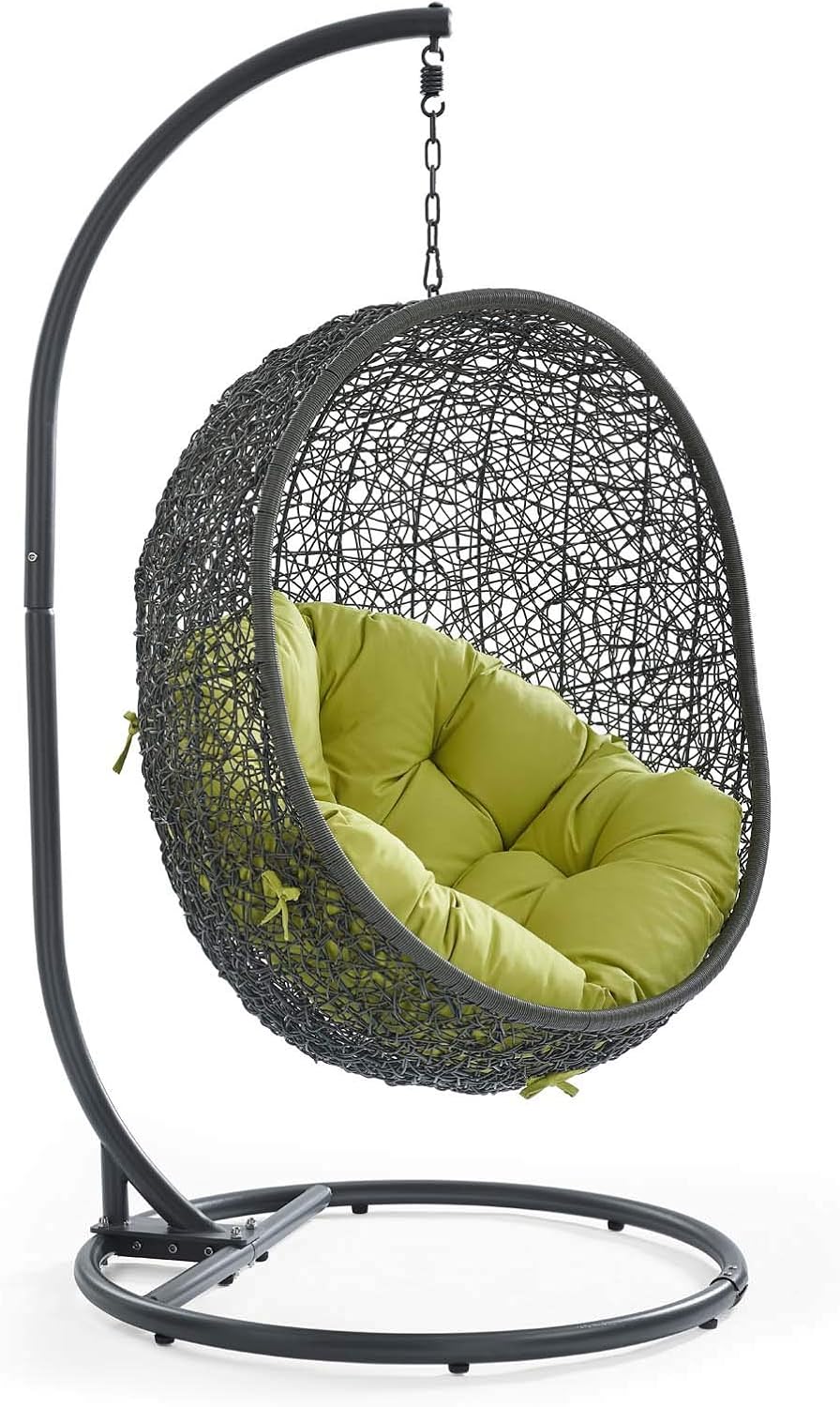 Modway Hide Wicker Rattan Outdoor Patio Porch Lounge Egg Swing Chair Set with Stand in Gray Peridot