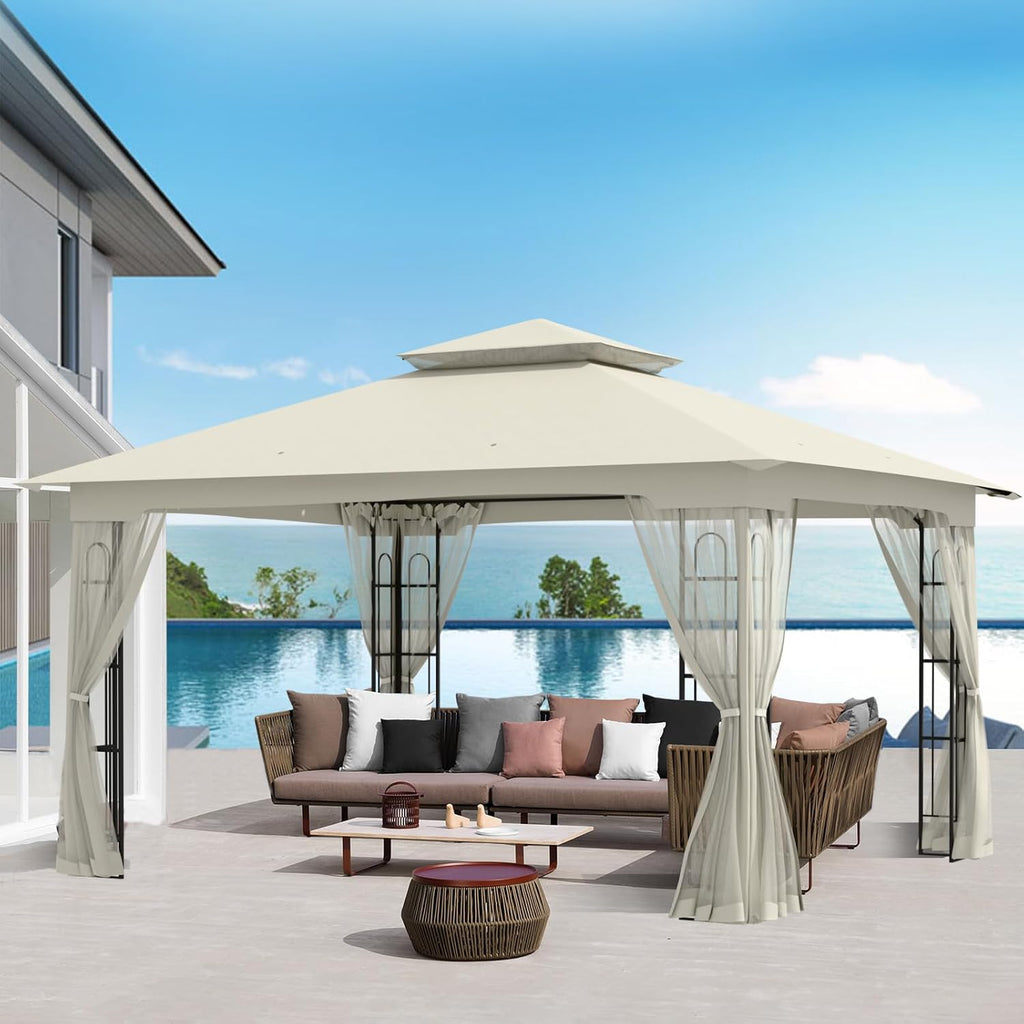10x12 Outdoor Gazebo Tent with Netting, Double Roof Patio Gazebo with Soft Fabric Top, Outdoor Pavilion for Backyard Patio Garden Lawn, Beige