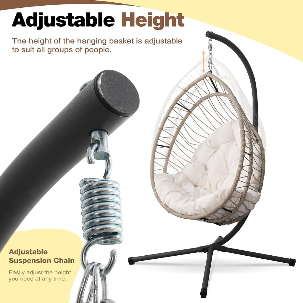 Hanging Egg Chair with Stand, Foldable Swing Hammock Chair, All-Weather Core-Spun Polyester Rope, Yarn-Dyed Cushion, 350LBS, Indoor Outdoor Patio Balcony (White Cushion)
