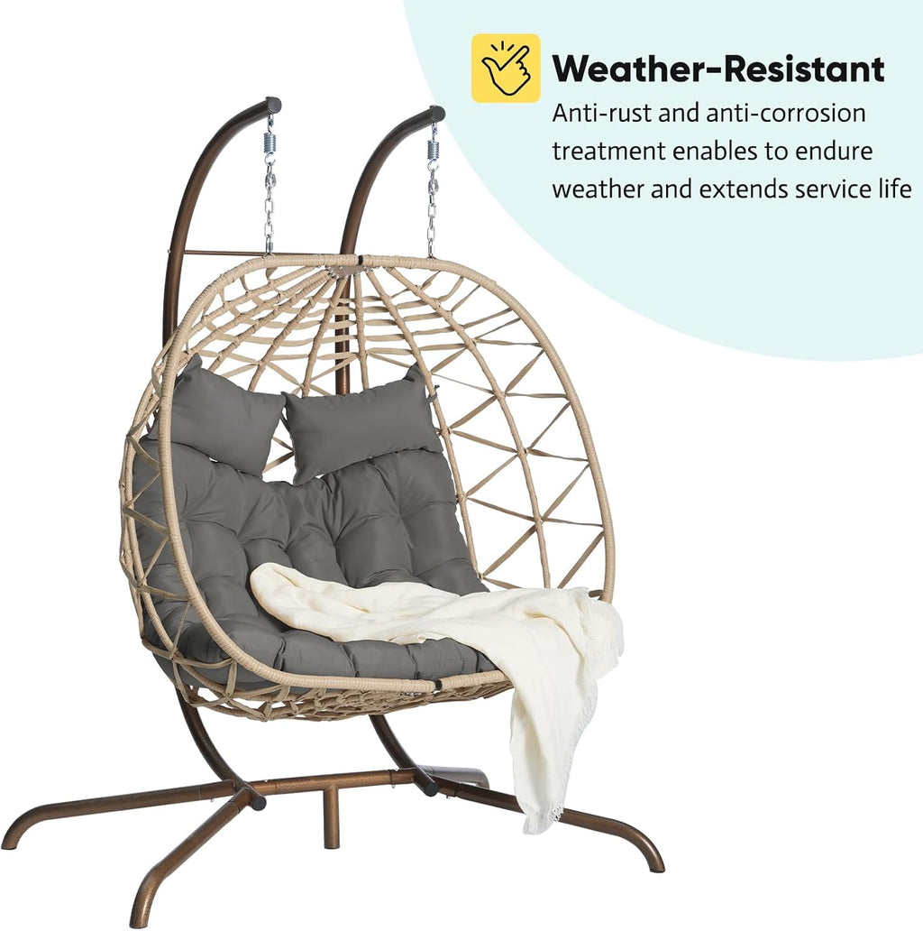 JOYBASE Double Swing Egg Chair with Stand, 2-Person Hanging Egg Chair Wicker Rattan Oversized Swinging Chair for Outdoor Indoor Garden Patio (Dark Grey Cushion and Beige Rattan)