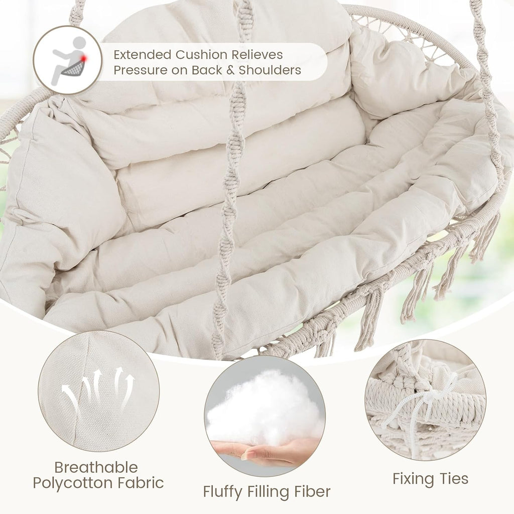 Giantex Hammock Chair, Macrame Hanging Chair with Removable Cushion, Romantic Tassels, Outdoor Indoor Rope Chair for Relax in Bedroom, Porch, Balcony, Backyard, Max 440 lbs, Swinging Chair, Beige