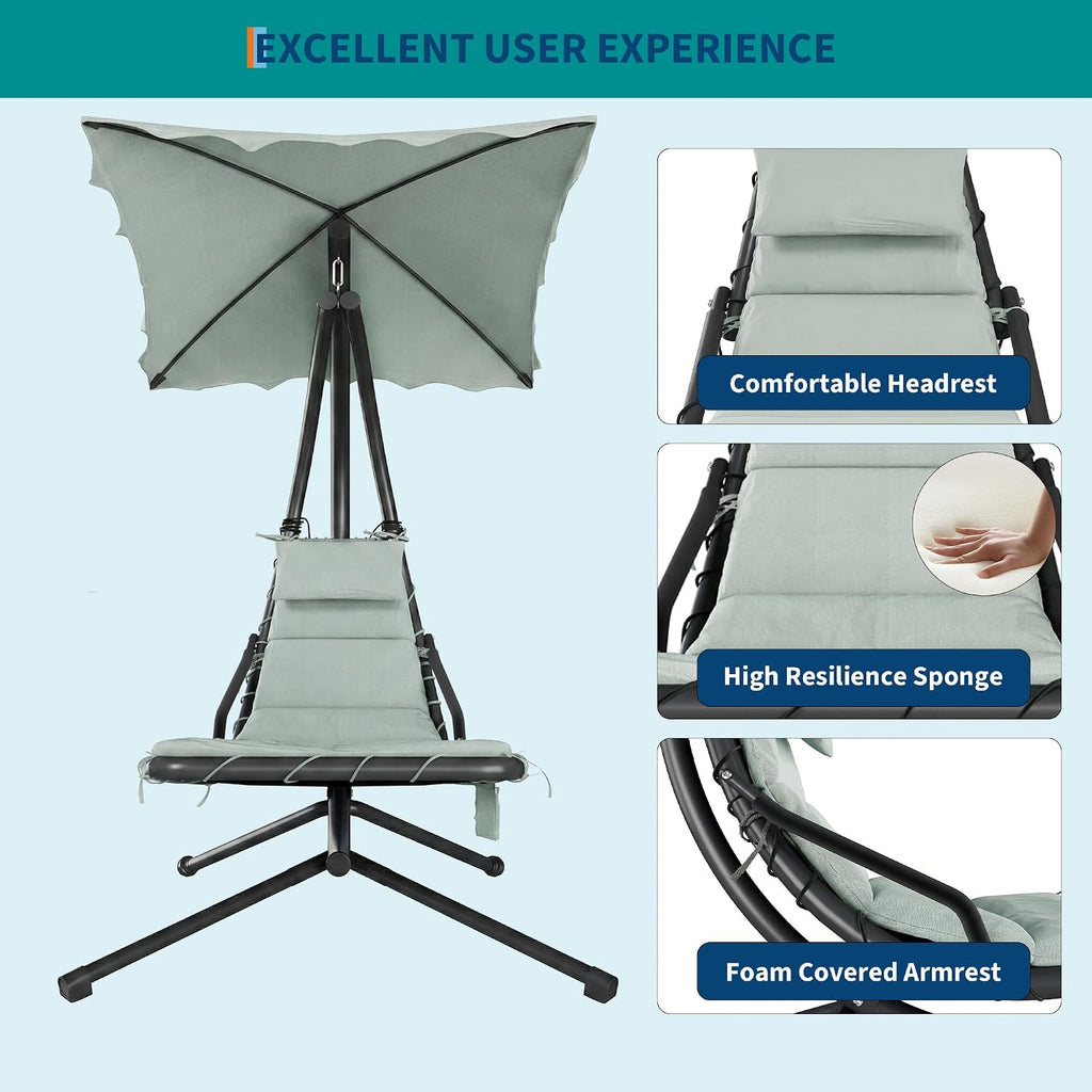 Chaise Lounger Swing Chair with Umbrella Canopy, Patio Hanging Chaise Lounger Chair with Stand, Curved Steel Outdoor Lounge Chairs for Indoor Patio Pool Garden Backyard Porch