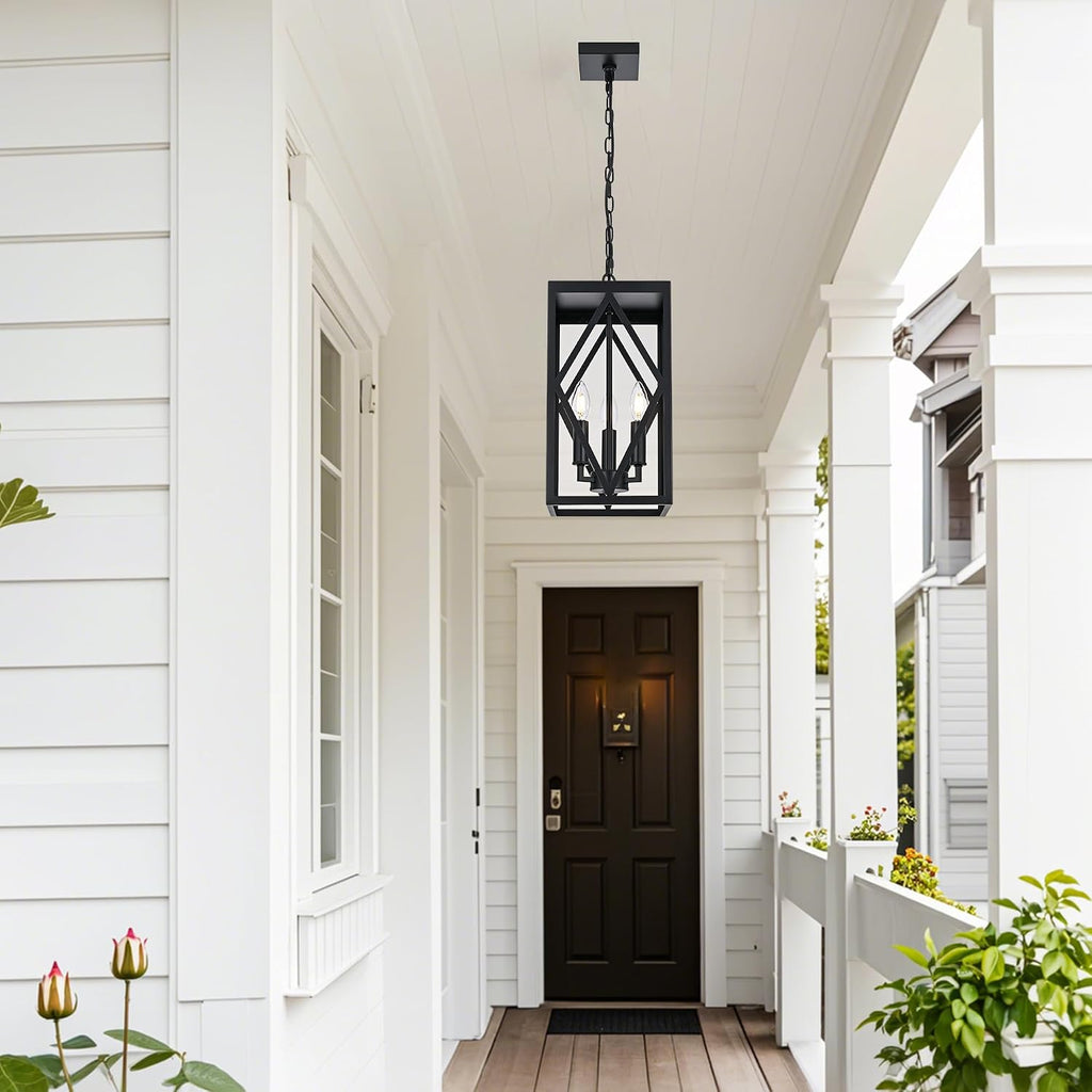 3 Light Black Outdoor Pendant Light Outside Chandelier Lantern, Modern Waterproof Exterior Hanging Light Fixture Ceiling for Front Porch Entryway Yard Patio (Bulb NOT Included)