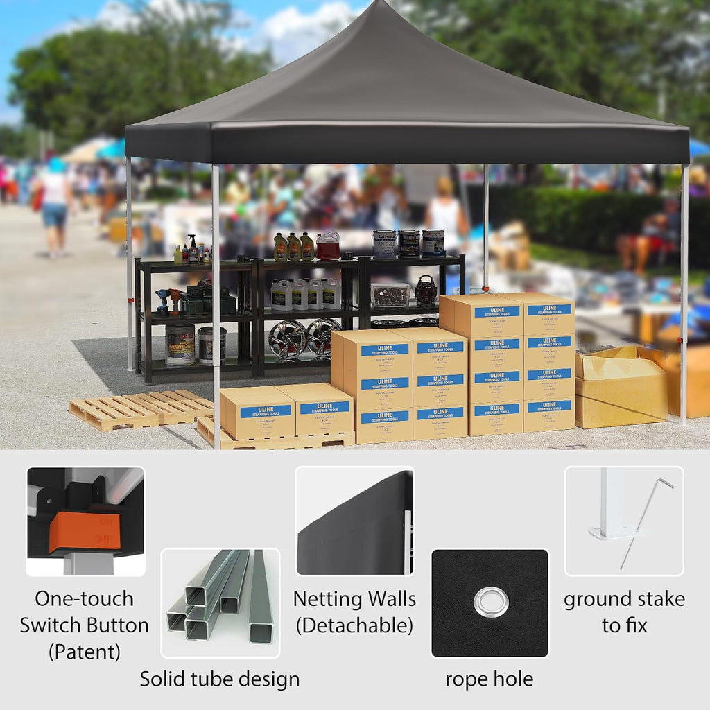 Pop-up Waterproof Windproof and UV-Proof Gazebo Instant Portable Canopy Tent 10'x10' with 3 Side Walls, 1 Wheeled Bag, 8 Ground pegs for stall/Outdoor/Party Events (10FTx10FT, Black)