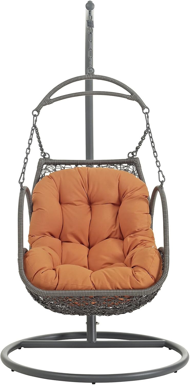 Modway Arbor Wicker Rattan Outdoor Patio Porch Lounge Hanging Swing Chair Set with Stand in Orange