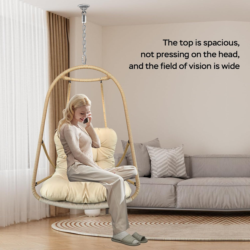 JESE Swing Egg Chair Foldable Frame Hanging Chairs, UV Resistant Waterproof Cushion and Cup Holder,Swing Hammock Chairs for Patio,Bedroom,Balcony, Garden-350lbs, No Stand, Brown