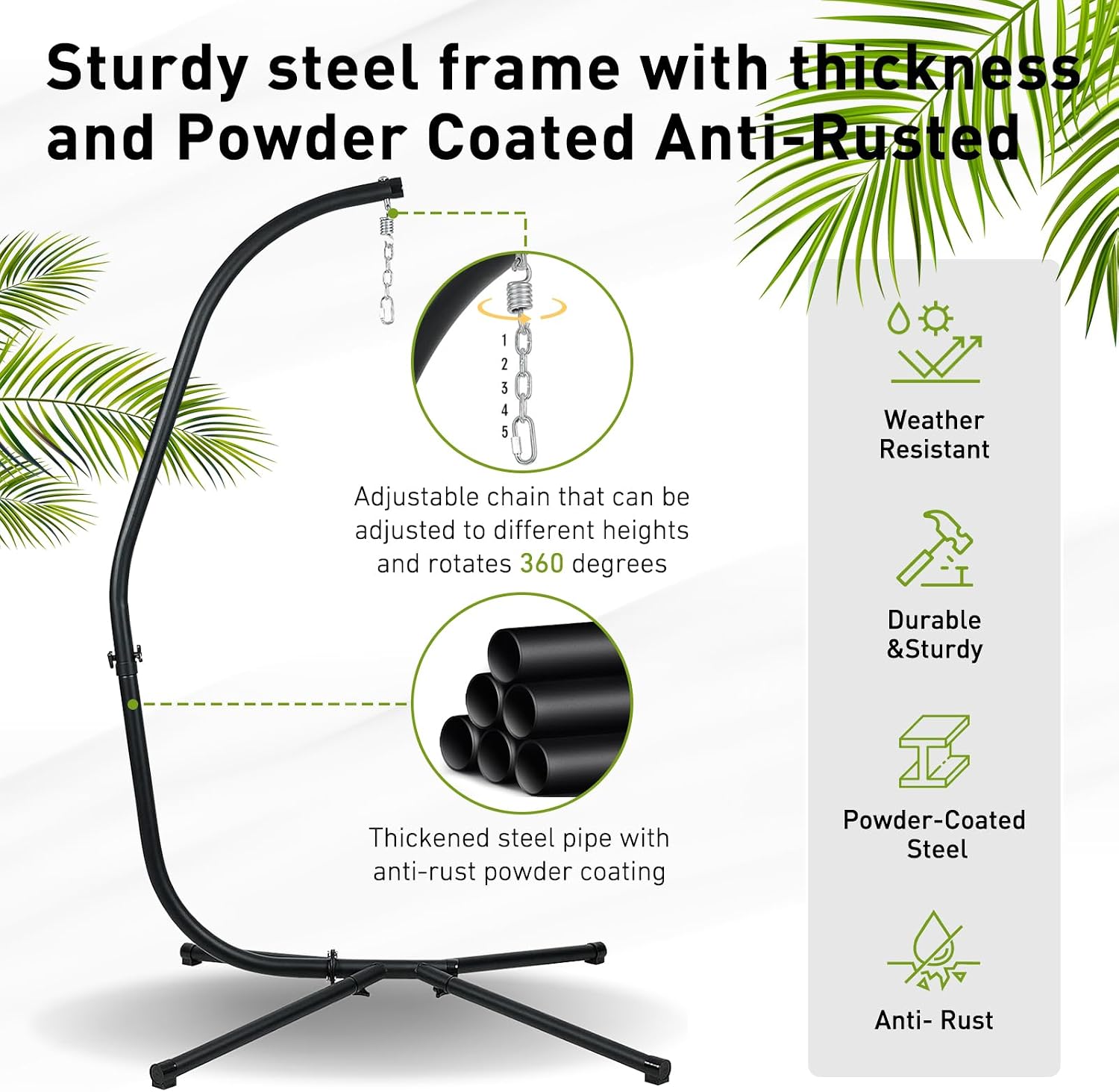 Aoodor Patio Hammock Stand Only, Hammock Chair Metal C-Stand with Hanging Chain, Max Load 330lbs, Black