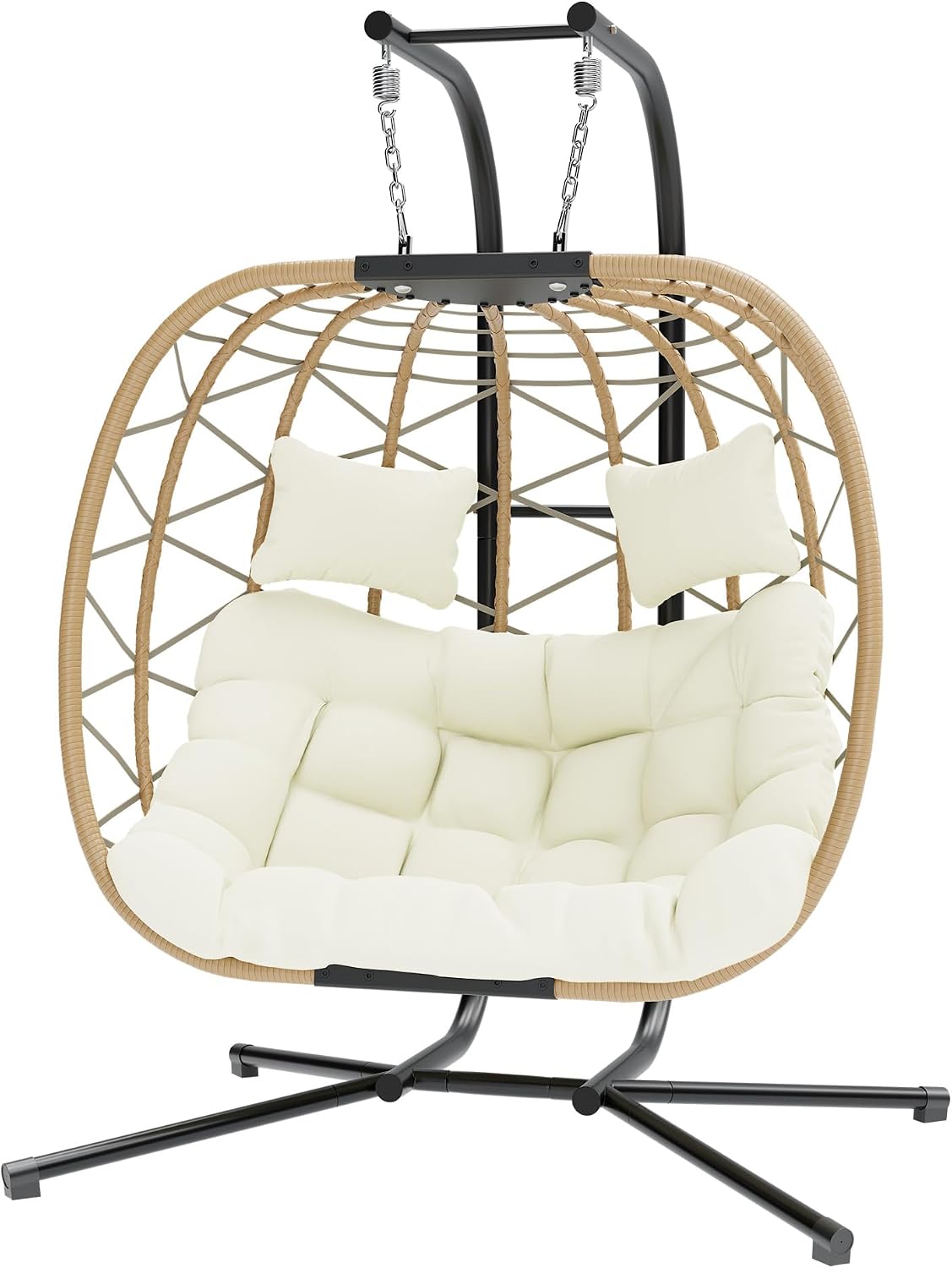 DoubleTT Double Swing Egg Chair with Stand, Oversized 2 Person Indoor Outdoor Wicker Patio Basket Hanging Chair with Beige Cushion 550 LBS Capacity for Bedroom Balcony