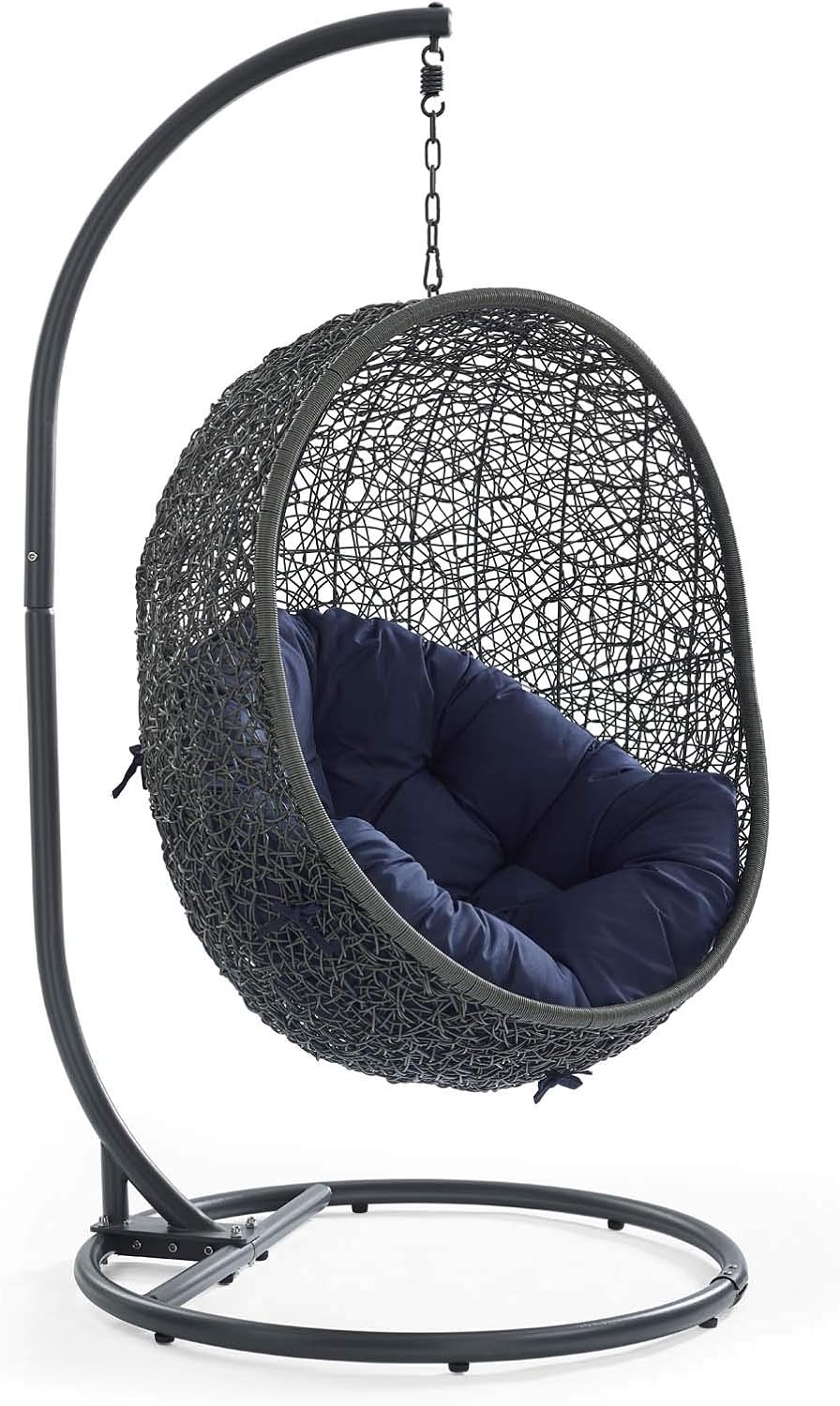 Modway Hide Wicker Rattan Outdoor Patio Porch Lounge Egg Swing Chair Set with Stand in Gray Navy