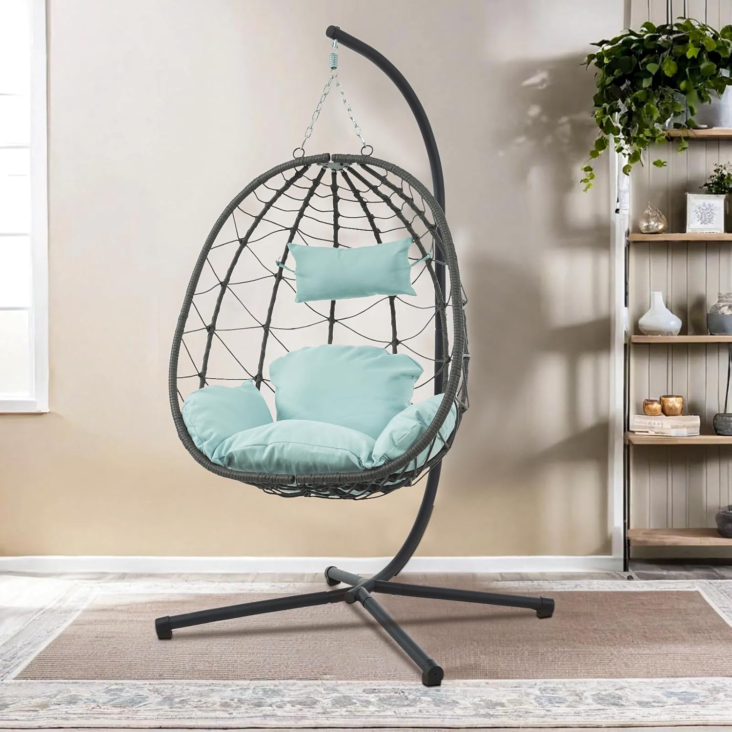 Hanging Egg Chair with Stand Egg Chair Indoor Outdoor, Patio Swing Hammock Egg Chairs, UV Resistant Removable & Washable Thicken Padded Cushions, 350LBS Capacity for Bedroom, Balcony, Garden