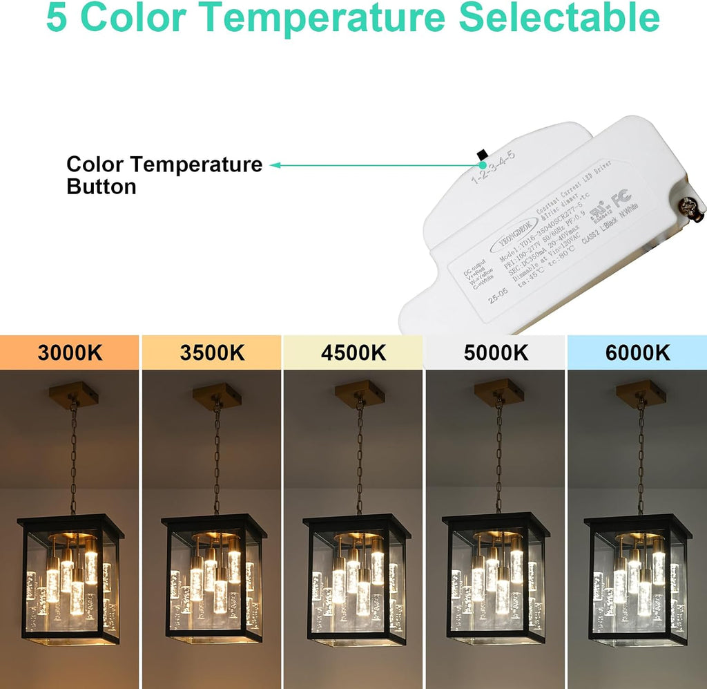 Yaohong Large 5CCT LED Outdoor Pendant Lights for Porch, 4-Lights Modern Black and Brushed Brass Hanging Ceiling Fixture with Acrylic Column & Clear Glass, Weatherproof Chandelier for Foyer Gazebo