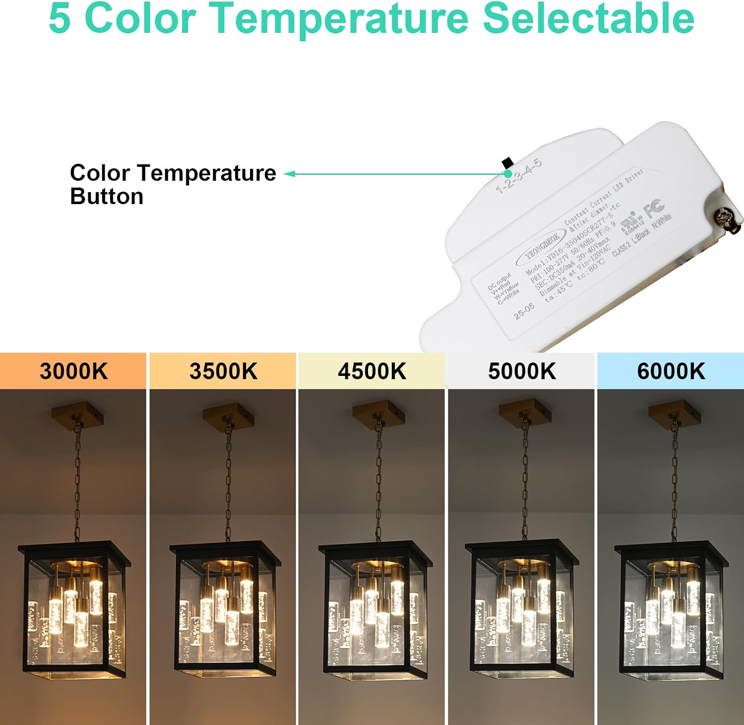 Yaohong Large 5CCT LED Outdoor Pendant Lights for Porch, 4-Lights Modern Black and Brushed Brass Hanging Ceiling Fixture with Acrylic Column & Clear Glass, Weatherproof Chandelier for Foyer Gazebo