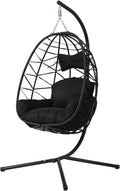 Hanging Egg Chair Swing with Stand, Hanging Chair, Webbing & PE Rattan Weaving, Thickened UV Resistant Cushion & Alloy Steel Frame, for Patio Bedroom Balcony (Black Frame with Black Cushion)