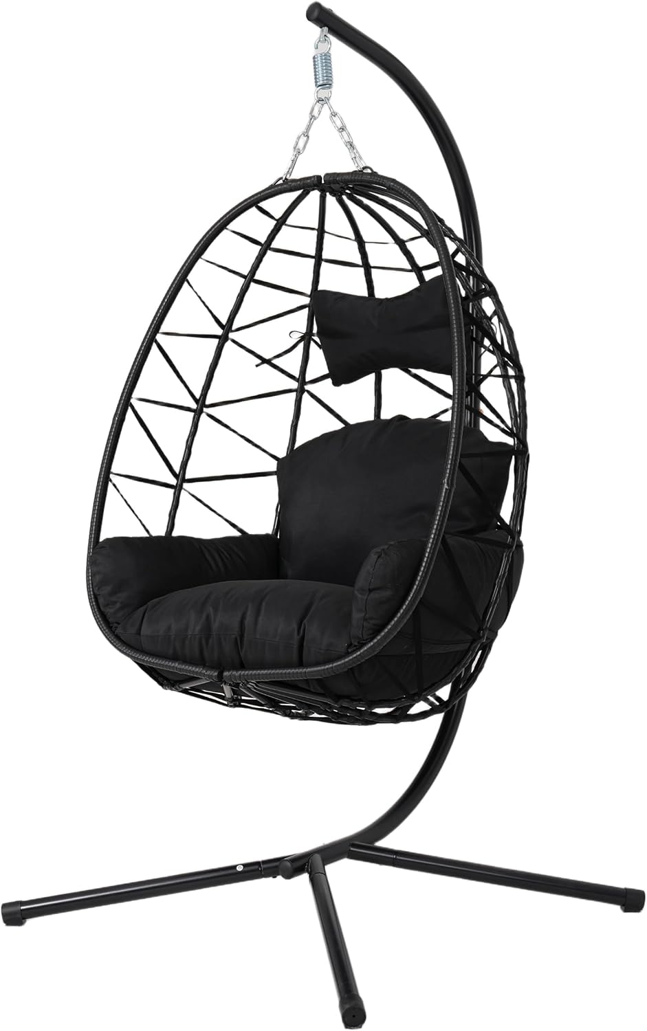Hanging Egg Chair Swing with Stand, Hanging Chair, Webbing & PE Rattan Weaving, Thickened UV Resistant Cushion & Alloy Steel Frame, for Patio Bedroom Balcony (Black Frame with Black Cushion)