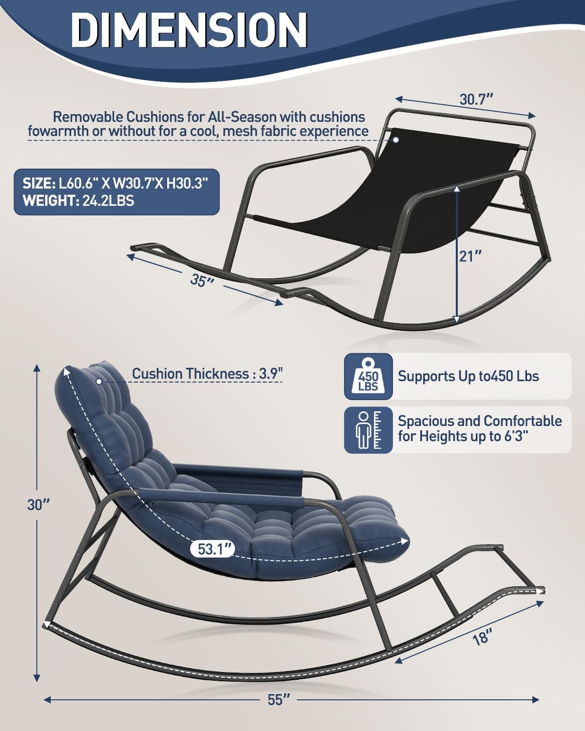 Oversized Indoor Rocking Chair, Plush Papasan Chair with Comfy Padded Cushions & Side Pocket, for Patio Garden, Porch, Lounge, Outdoor, Navy